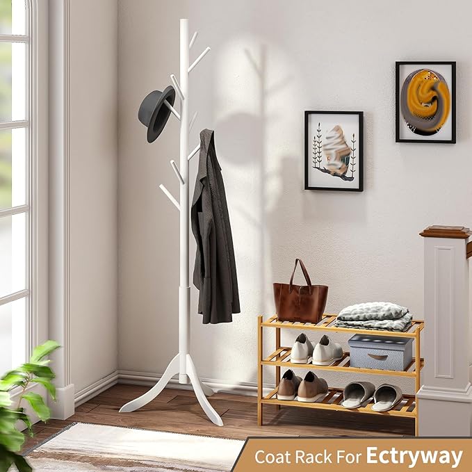 Coat Rack Freestanding, Coat Stands Entryway, Bamboo Coat Rack Hat Hanger 8 Hook for Jacket, Purse, Scarf Rack, Umbrella Tree Stand (White)-NeatNest