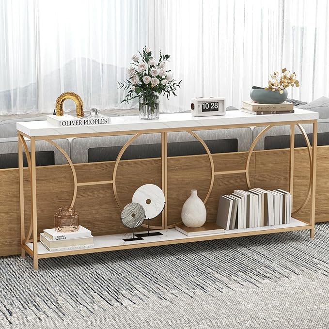 Giantex 71" Console Table, 2-Tier Extra-Long Gold Entryway Table w/Storage Shelf, Faux Marble Top, Narrow Sofa Table with Geometric Frame, Behind Couch Entry Table for Living Room, Hallway, Foyer-NeatNest