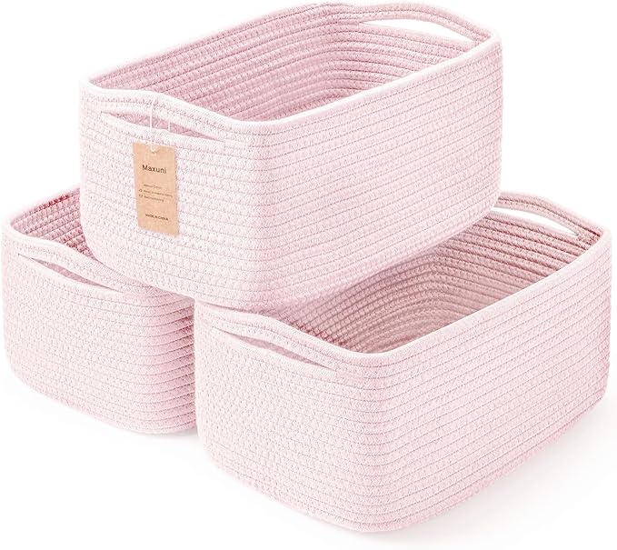 3-Pack Storage Baskets for Organizing | Woven Shelf Toy Basket | Rope Baskets for Gifts Empty | Closet Organizer Bins with Handles | Cube Decorative Box | 13.7×7.1×6.7” | Mixed Pink-NeatNest