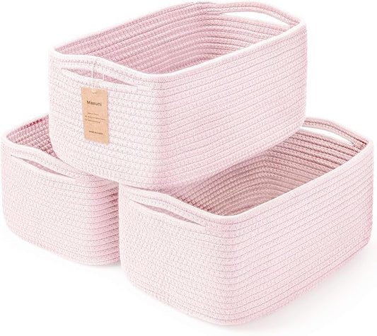 3-Pack Storage Baskets for Organizing | Woven Shelf Toy Basket | Rope Baskets for Gifts Empty | Closet Organizer Bins with Handles | Cube Decorative Box | 13.7×7.1×6.7” | Mixed Pink-NeatNest