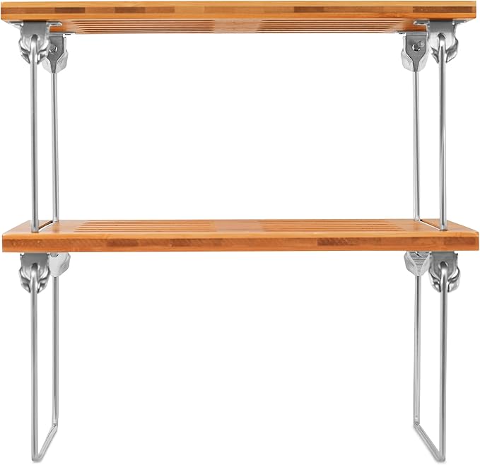 Internet's Best - Stacking Utility Shelf - Bamboo - 2 Shelves - Kitchen Cabinet Closet Organizer and Storage - Small-NeatNest