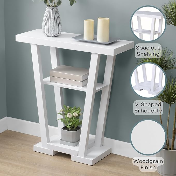 Convenience Concepts Newport V Console Table 31.5" - Modern Sofa Table with Storage Shelves, Narrow Entryway Hall Table for Living Room, Display Accent Table, White Faux Marble/White-NeatNest