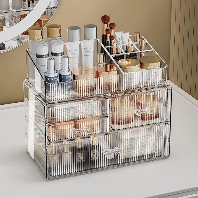 ZHIAI Stackable Storage Drawer, Acrylic Organizer, Cosmetic Organizer for Dresser, Vanity, Kitchen Cabinet, Bathroom, Under Sink, Home Organization and Storage (1 Top 3 Drawers)-NeatNest