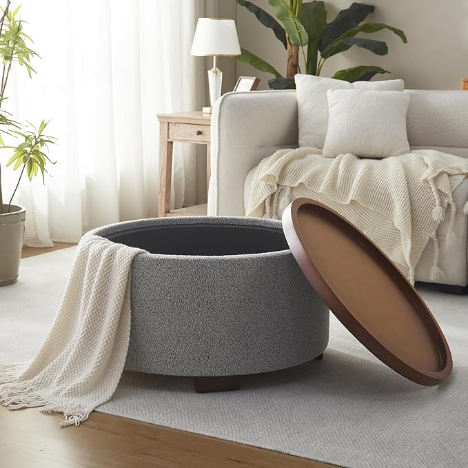 30 Inch Round Storage Ottoman Coffee Table, Modern Boucle Ottoman with Lift-Off Lid and Solid Wood Legs for Living Room, Bedroom, Corners, Apartments (Light Grey)