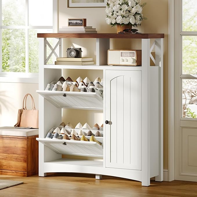 DWVO Farmhouse Shoe Cabinet with 2 Flip Drawers, Wood Shoe Rack w/Door, Entryway Shoe Organizer with Open Storage & Adjustable Shelves, Rustic Hidden Shoes Storage Cabinet for Foyer, Hallway, White-NeatNest