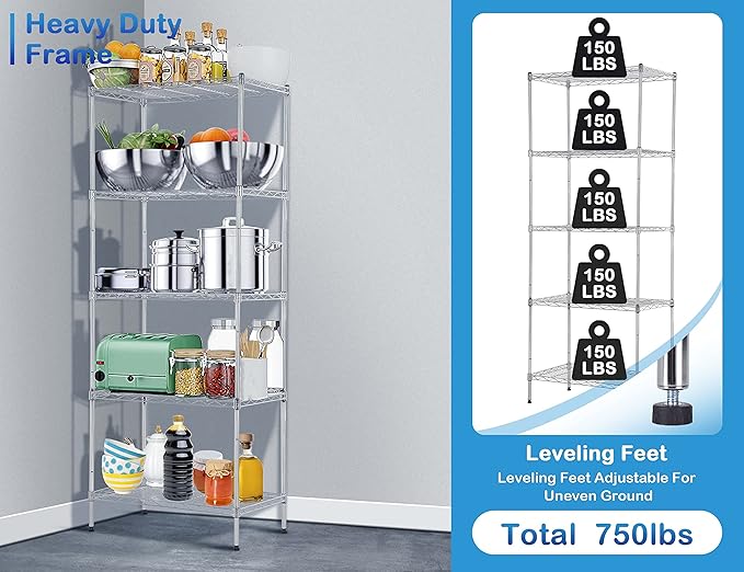 5-Tier Metal Wire Shelving Unit Snack Shelf Storage Rack NSF Certified Storage Shelves 750 Lbs Capacity Standing Utility Shelf for Laundry Kitchen Pantry Garage Organization