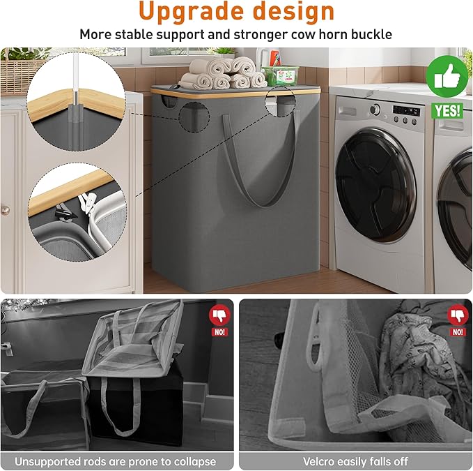 170L Laundry Hamper with Lid 3 Section, Extra Large Laundry Basket with 3 Removable Bags, Laundry Basket Organizer for Bedroom, Laundry Room, Dorm, Clothes Hamper, Grey-NeatNest