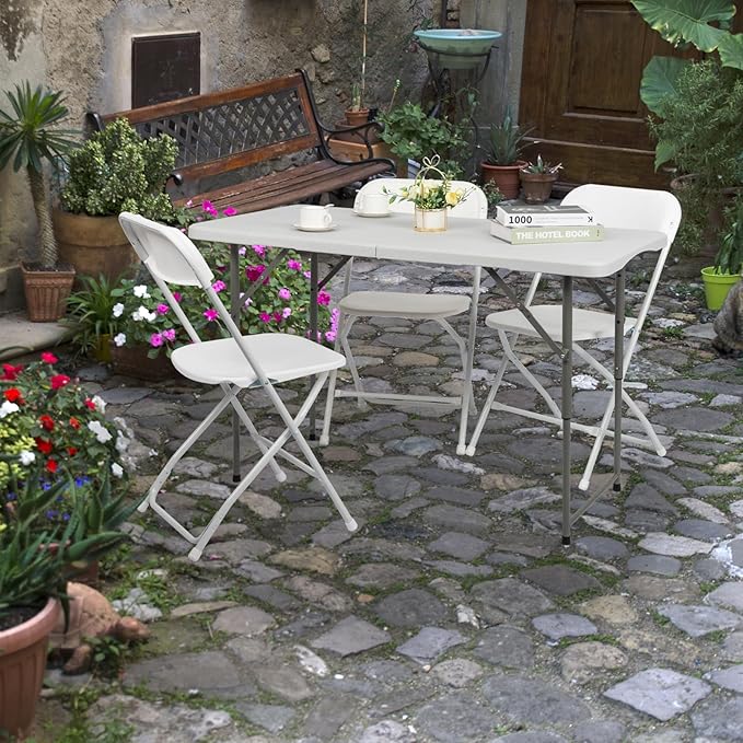 Generic 4ft Portable Folding Table, Plastic Table w/ 4 Adjustable Heights, Indoor Outdoor Heavy Duty Fold-in-Half Utility Table w/Carry Handle 300LBS, White-NeatNest
