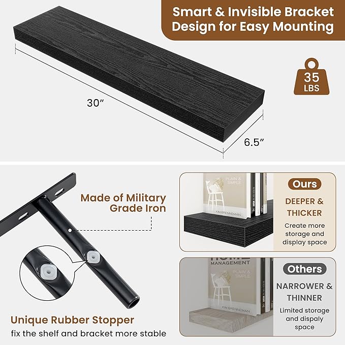 fuqing Floating Shelves for Wall, Bathroom Shelf Wall Mounted for Storage, Shelves with Invisible Bracket for Bedroom, Kitchen, Living Room, Farmhouse Small Book Shelf, 30 Inch Set of 2, Black-NeatNest