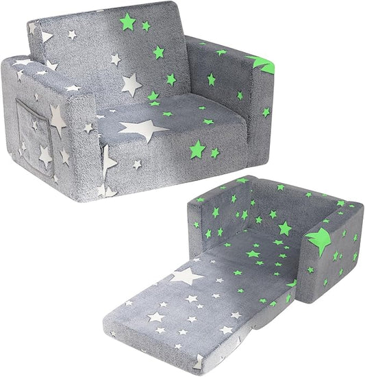 ALIMORDEN 2-in-1 Toddler Fold Out Couch, Comfy Convertible Sofa to Lounger, Glow-in-The-Dark Star Pattern Foam Seat for Little Ones with Removable Washable Cover-NeatNest