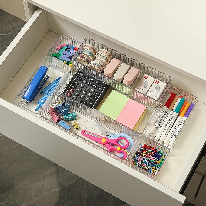 Clear Drawer Organizer Bins 7 pc Set, 4-Size Stackable Trays for Makeup Vanity Drawers, Bathroom Drawer Organizer Storage Containers for Cosmetic, Office Supplies-NeatNest
