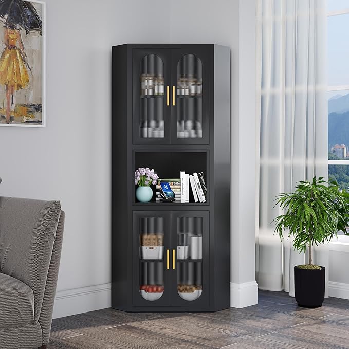 64" Tall Metal Corner Storage Cabinet with Acrylic Glass Doors ＆ Open Display Storage Shelves, Farmhouse Corner Pantry Storage Cupboard for Kitchen, Laundry Room, Bathroom or Bedroom (Black)