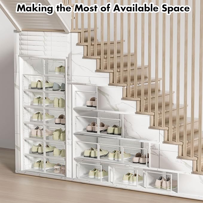 Shoe Storage Box, 15 Pack Clear Plastic Stackable Shoe Organizer for Closet, Interlocking Design Shoe Container Bins for Sneakers, Foldable Shoe Rack with Lids, White-NeatNest
