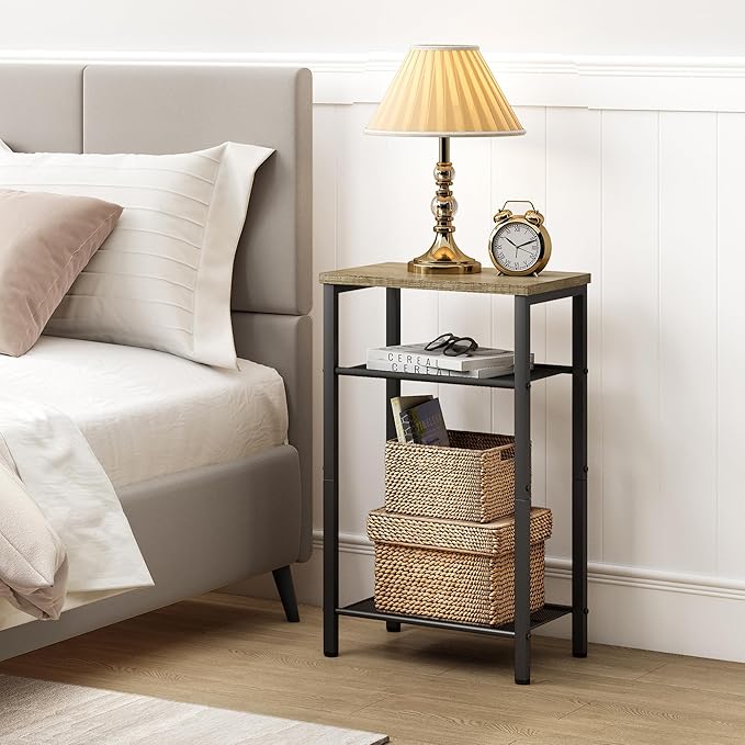 Hoctieon 2-Set 3 Tier End Table, Telephone Table Set of 2, Tall Side Table with Storage Set of 2, Small Nightstand for Small Spaces, Metal Frame, for Living Room, Bedroom, Sofa Couch, Hallway, Greige