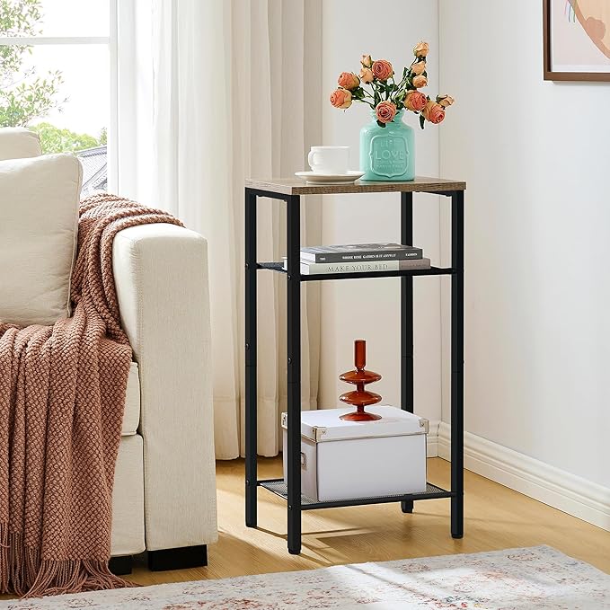Hoctieon 2-Set 3 Tier End Table, Telephone Table Set of 2, Tall Side Table with Storage Set of 2, Small Nightstand for Small Spaces, Metal Frame, for Living Room, Bedroom, Sofa Couch, Hallway, Greige