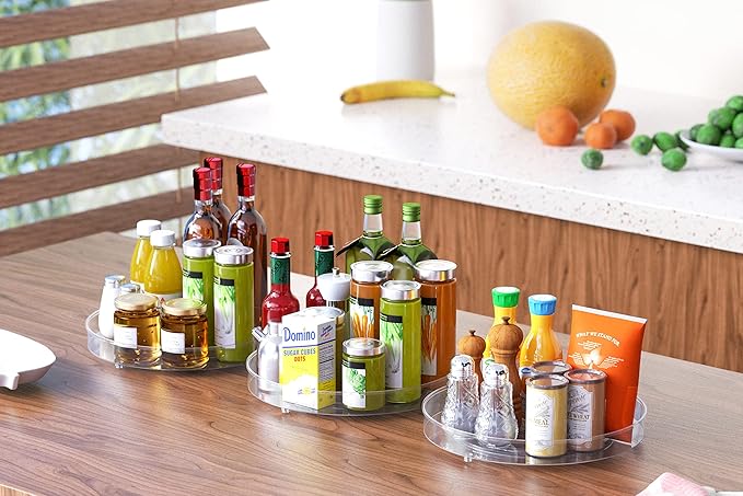 Benzoyl Lazy Susan Spice Rack, 3 Pack 10.6'' Round Plastic Clear Rotating Turntable Organization, Spinning Organizer Spices Condiments Container Bins for Cabinet, Pantry, Fridge, Countertop, Kitchen