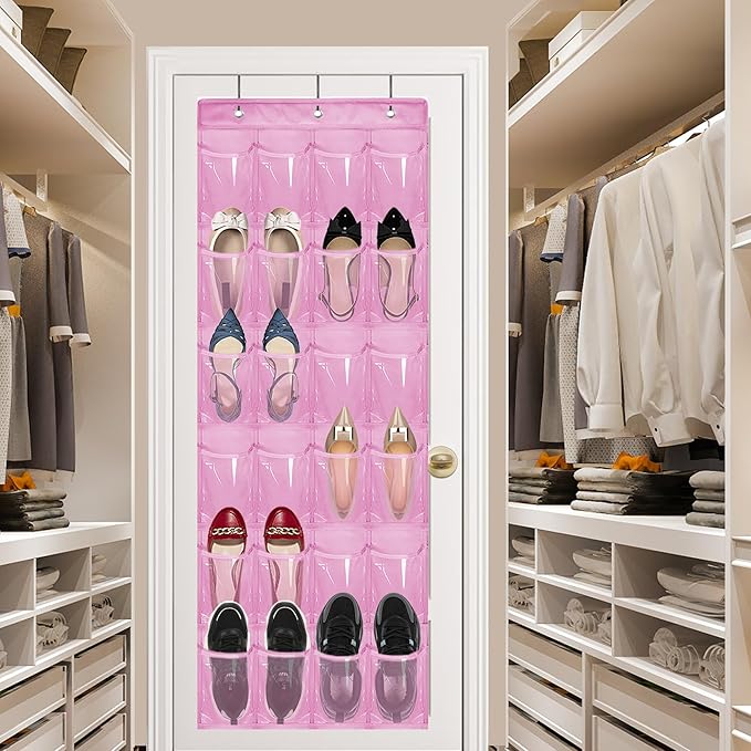 Over The Door Shoe Organizer - Space Saving Shoe Rack for Closet Door with 24 Pockets and Hook, Shoe Holder Back of Door Organizers for Shoes, Hanging Shoe Organizer (Pink)-NeatNest