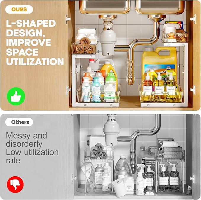 2 Pack Under Sink Organizer, 2-Tier Pull Out Cabinet Organizer, Elegant Acrylic Under Sink Storage Shelf for Kitchen Bathroom Cabinet, L-Shaped Adjustable Height for Maximum Space Efficiency-White-NeatNest