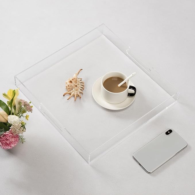 Clear Sturdy Acrylic Serving Tray with Handles - 14x14Inch - Coffee, Appetizer, Breakfast, Butler Tray - Kitchen Countertop & Makeup Drawer Organizer-NeatNest