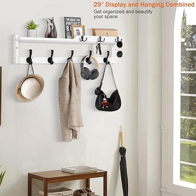29'' Coat Rack Wall Mount with Shelf, Coat Hanger Wall Mount with Key Hooks and Mail Holder, Wood Entryway Floating Shelf with Hooks and Storage, Hat Rack for Wall Key Holder Mail Organizer