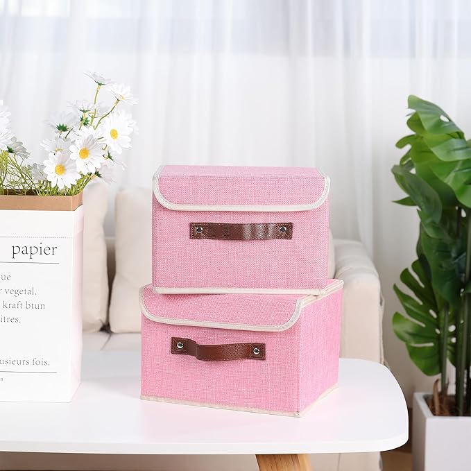 ANMINY 2PCS Storage Bins with Lid PU Leather Handles Storage Boxes PP Plastic Board Decorative Foldable Lidded Cotton Linen Fabric Home Cubes Baskets Closet Organizer Containers - Pink, Small Size-NeatNest