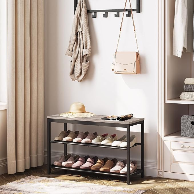 HOOBRO Shoe Bench, 3-Tier Shoe Rack, Industrial Shoe Organizer Storage Bench, 29.5 inches Entry Bench with Mesh Shelves, for Entryway, Living Room, Hallway, Easy Assembly, Greige BG75HX01-NeatNest