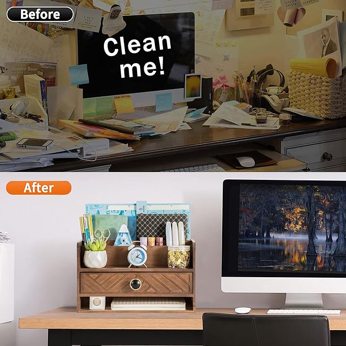 Brown Wood Desk Organizer and Accessories with Drawer, Bill Mail Organizer and File Mail Holder for Office Supplies, Desk Accessories & Workspace Organizers-NeatNest