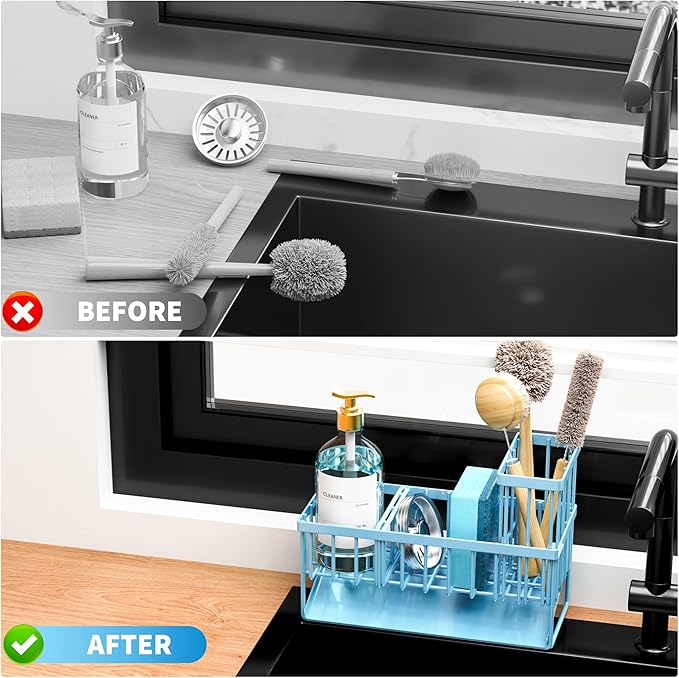 Cisily Blue Kitchen Sink Caddy Organzier with High Brush Holder, Sponge Holder for Sink, 304 Rustproof Stainless, Kitchen Countertop Soap Dispenser Organizer, Home Decor and Accessories-NeatNest