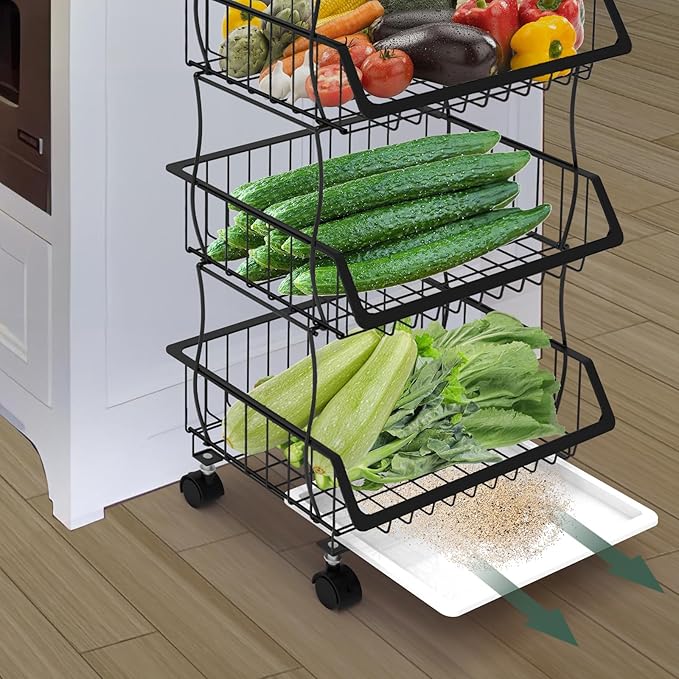 Rolling Kitchen Cart with Wood Top - 4-Tier Wire Basket Organizer for Fruits, Vegetables, Pantry Storage - Stackable, Mobile Cart with Wheels for Kitchen, Home, Office