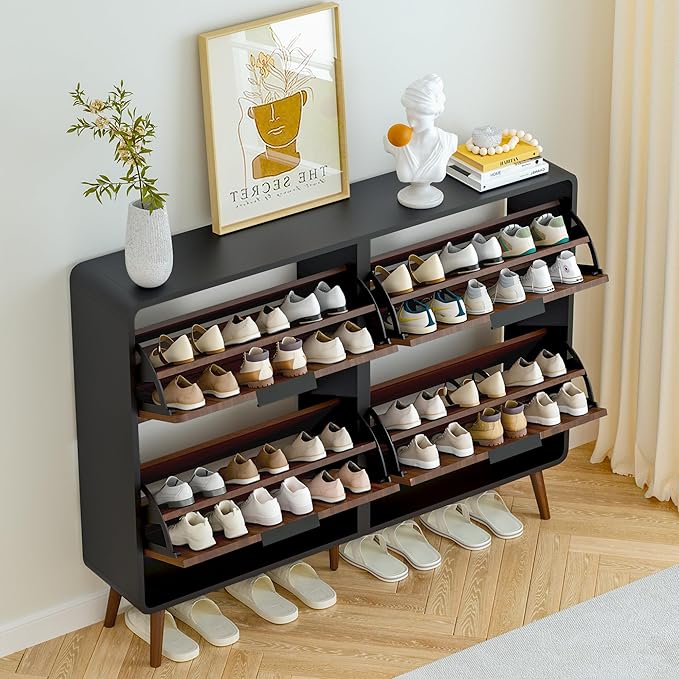 47" Fluted Large Shoe Cabinet with 4 Flip Drawers, Slim Freestanding Shoe Cabinet Organizer, Narrow Shoes Storage Rack for Entryway, 5 Sturdy Legs (Walnut and Black, 9.45" D x 47.24" W x 35.83" H)
