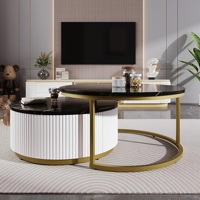 27.6" Lift-Top Nesting Coffee Table Set of 2, Modern Round Coffee Table with Drawer, Circular Wood Center Table Set for Living Room, Apartment, Black & Gold