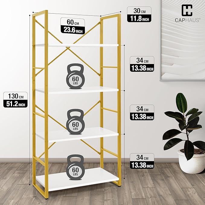 CAPHAUS 4 Tier Bookshelf, Bookcase Shelf Storage Organizer, Living Room, Kitchen, 24 Inch Width Free Standing Shelf, Industrial Book Shelves for Home Office, White Wooden Shelves & Gold Frame-NeatNest