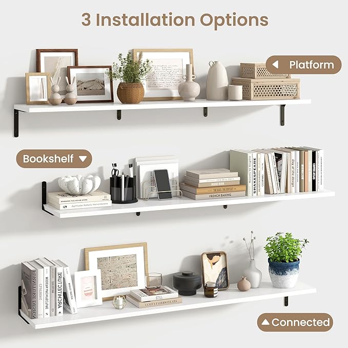 Fun Memories Deep Floating Shelves, 55W x 8D Floating Shelves Set of 2, Wall Mounted Shelf with Metal Brackets, Rustic Wood Wall Shelf for Bathroom, Kitchen and Living Room, White-NeatNest
