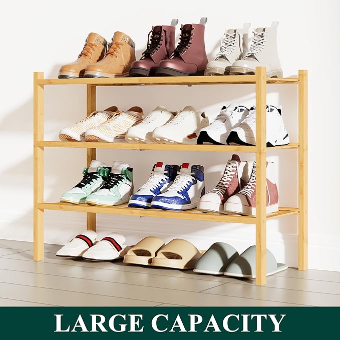 Smiry Shoe Rack, 3 Tier Bamboo Shoe Organizer, Stackable Free Standing Wooden Shoe Storage Shelf for Closet, Entryway, Front Door Entrance, Natural-NeatNest