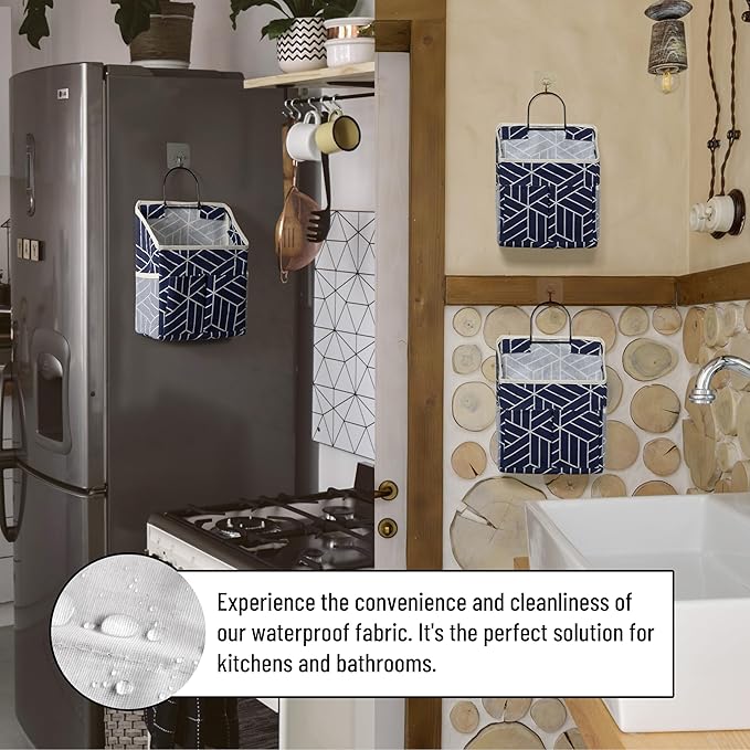 2pcs Wall Hanging Storage Bag, Small Door Closet Linen Fabric Pockets Organizer, Waterproof Multi Functional for Living Room Bedroom Bathroom Kitchen RV Camper with Hooks Pattern Navy-NeatNest