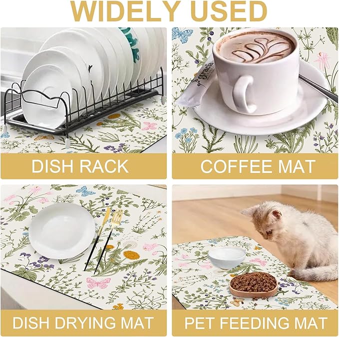 Herb Wild Flowers Butterfly Dish Drying Mats Super Absorbent Dish Drainer Rack Pad Non-Slip Drying Mat for Kitchen Counter, 24"x16"