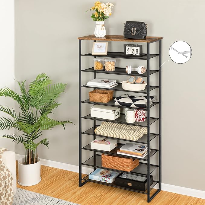 HOOBRO 10-Tier Shoe Rack, 29.5" L Shoe Storage Organizer, Large Capacity Shoe Shelf for Front Door Entrance, Entryway, Hallway, Holds 36-40 Pairs of Shoes, Closet, Rustic Brown and Black BF107XJ01-NeatNest