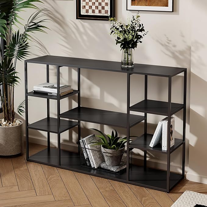 47 Inch Metal Console Table with 8 Storage Shelves,Extra Long Entryway Table,Narrow Sofa Table,Hallway Table for Entrances to Corridor,Foyer,Living Room (Black, 47.24×11.81×31.5in)-NeatNest