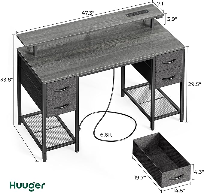 Huuger 47 inch Computer Desk with 4 Drawers, Gaming Desk with LED Lights & Power Outlets, Home Office Desk with Large Storage Space for Bedroom, Work from Home, Grey-NeatNest