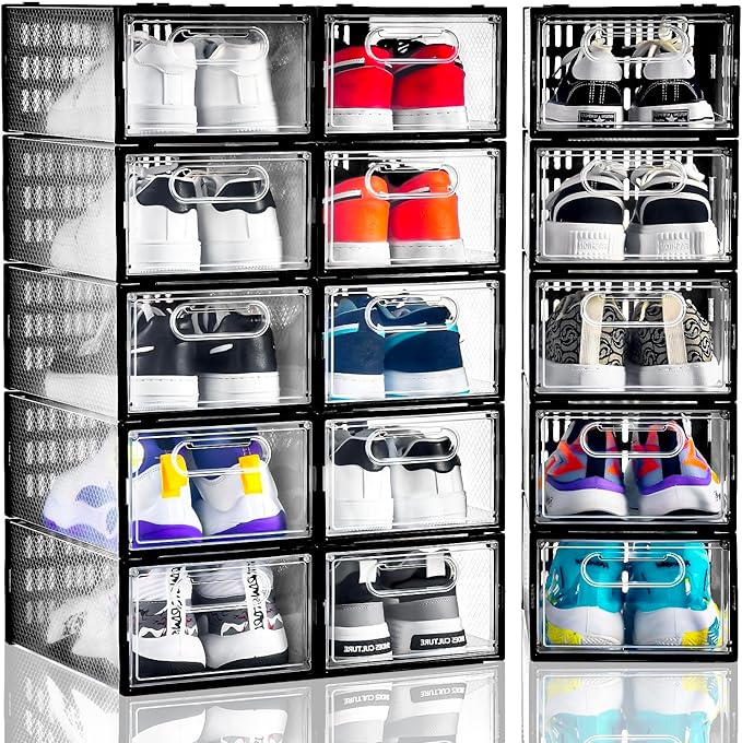 Clemate 15 Pack Shoe Storage Boxes, Clear Plastic Stackable Shoe Organizer for Closet, Shoe Box with Magnetic Door, Foldable Shoe Storage Bin, Sneaker Storage Box Shoe Rack Container Holder, Size 9-NeatNest