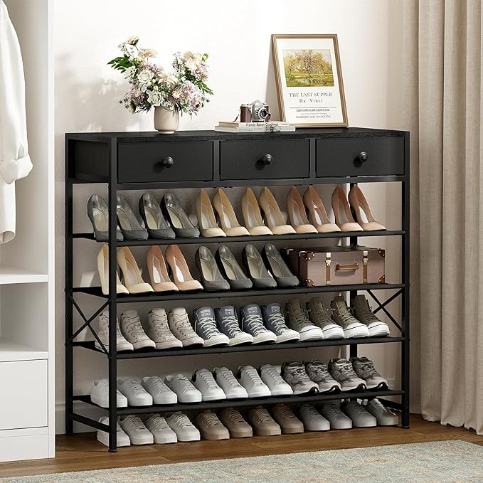Shoe Rack, 5 Tier Shoe Organizer with 3 Drawers, Metal Shoe Storage for 24-30 Pairs of Shoes with Fabric Shelves and Wooden Top, Narrow Shoe Shelf for Closet Entryway Black-NeatNest