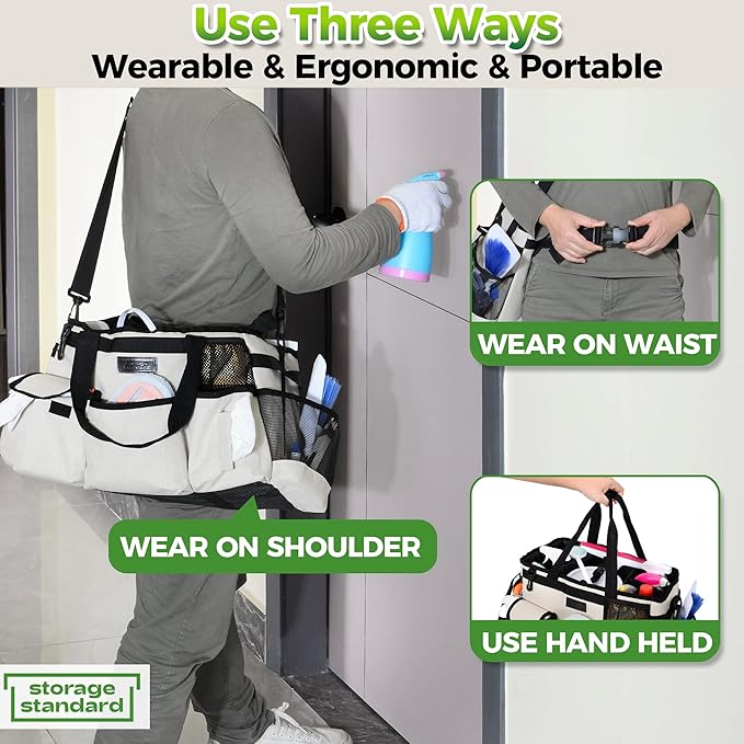 Cleaning Caddy Organizer with Handle - Large Caddy Bag for House & Bathroom Cleaning Supplies, 15 x 8 x 10.5 inches Cleaning Supply Caddy, Housekeeping Tote with Adjustable Strap - Beige-NeatNest