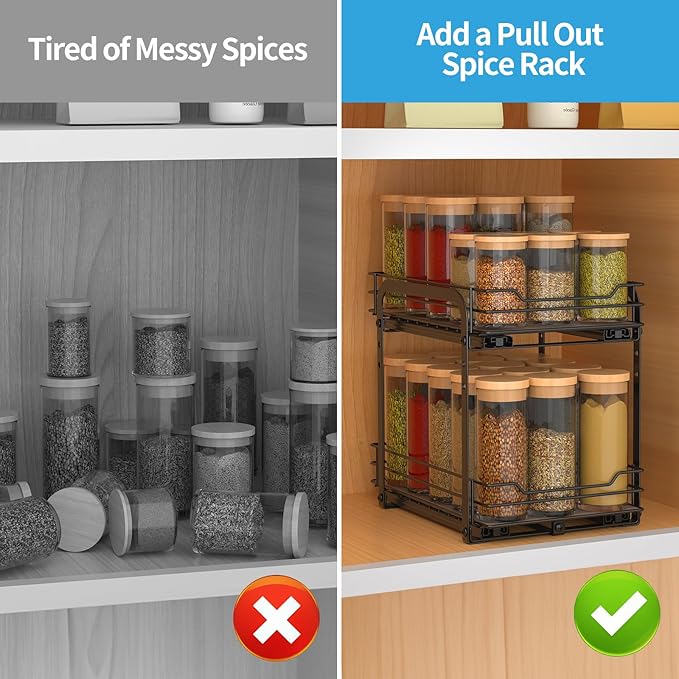 2-Tier Spice Rack, Pull Out Spice Racks Organizer for Cabinet, Height Adjustable Heavy Duty Metal Basket for Inside Cabinets & Pantry Closet (7.5''Wx10.5''Dx9.5''H)-NeatNest
