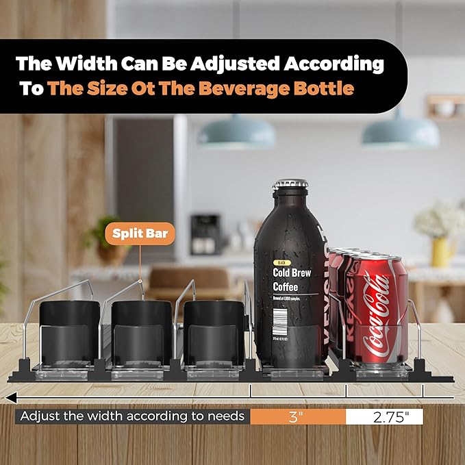 5 Rows Drink Organizer for Fridge, 15'' Soda Can Dispenser for Refrigerator with Pusher Glide, Width Adjustable Fridge Can Organization Hold Up to 25 Cans (Black)