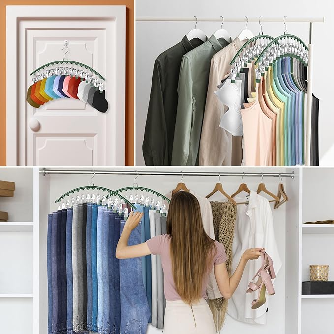 3 Pack Legging Organizer for Closet Hanging, Pants Hangers with 15 Clips Holds 45 Leggings, Shorts, Skirts, Jeans, Hats, Pants Hangers Space Saving Clothes Racks Closet Organizers and Storage, Green-NeatNest