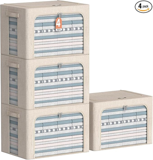 4 Pack Clothes Storage Bins with Metal Frame - Linen Fabric Foldable Stackable Container Organizer Set with Clear Window & Carry Handles & Zippers (Beige, 23.6"x16.5"x15.7")-NeatNest