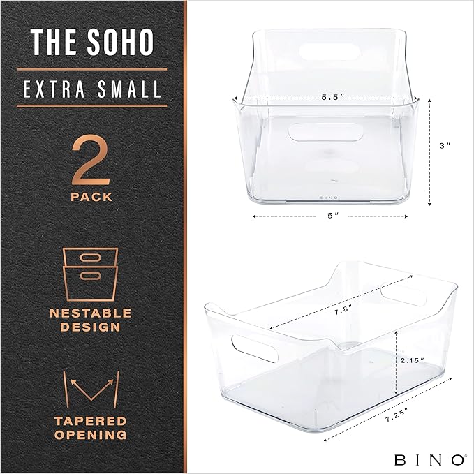 BINO | The SOHO Collection Plastic Storage Bins, X-Small - 2 Pack, Clear | Pantry and Fridge Organizer Containers, Kitchen Cabinet and Medicine Cabinet Bins-NeatNest