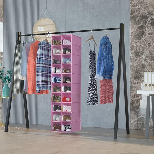 coastal rose Hanging Shoe Organizer for Closet, 20 Sections Hanging Closet Organizers and Storage Shelves, Space Saving Shoe Storage Rack Holder, Pink, 12''W×12''Dx 50''H-NeatNest