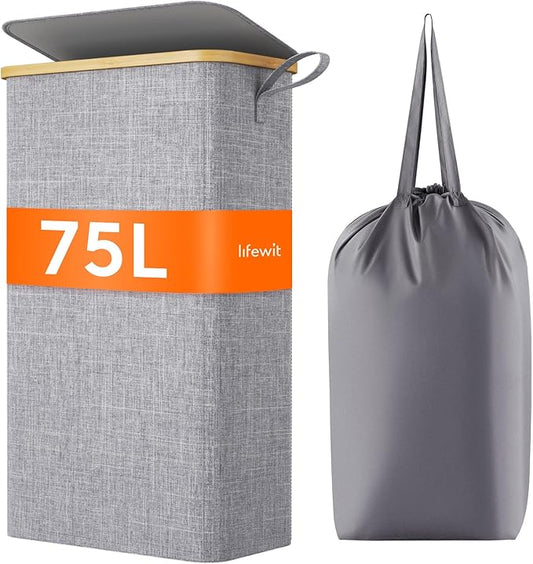 Lifewit 75L Slim Laundry Hamper with Lid, Narrow Laundry Basket with Removable Bag & Bamboo Handles, Fodable Thin Dirty Clothes Hamper for Laundry Collapsible Bin for Bathroom Bedroom Dorm, Gray-NeatNest