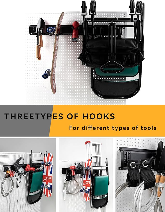 Wall Mount Garden Tool Organizer - 48 Inch Max Load 539lbs, Garage Storage with 7 Heavy Duty Hooks and 4 Cable Ties, Power Tool Organizer Rack